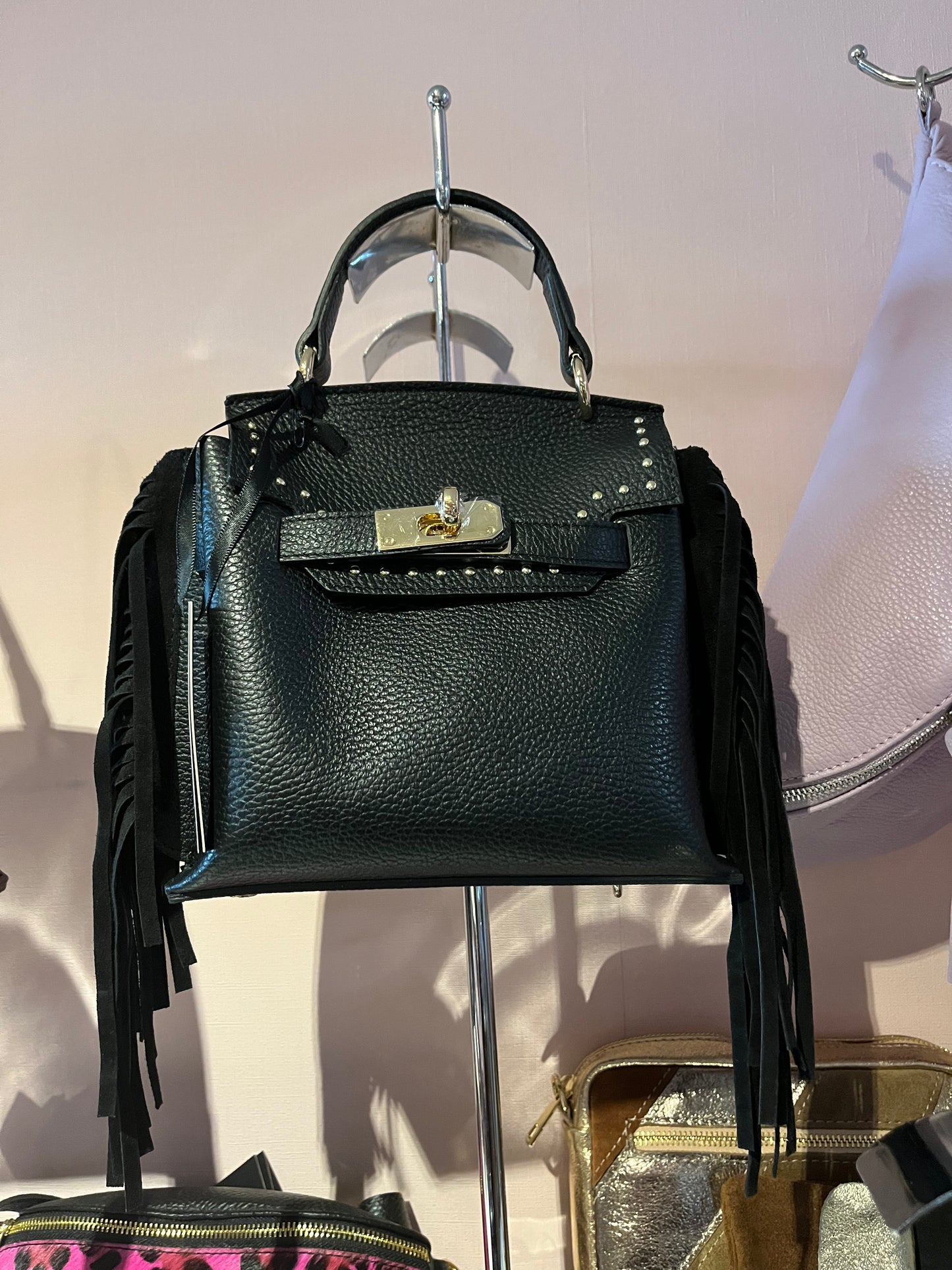 zwart lederen minibag Miss- terre met franjes