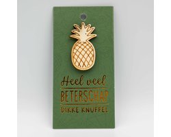Houten Broche op cadeaukaart, Beterschap, cadeau idee om beterschap te wensen