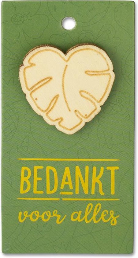 Houten Broche op cadeaukaart - bedankt voor alles - blad