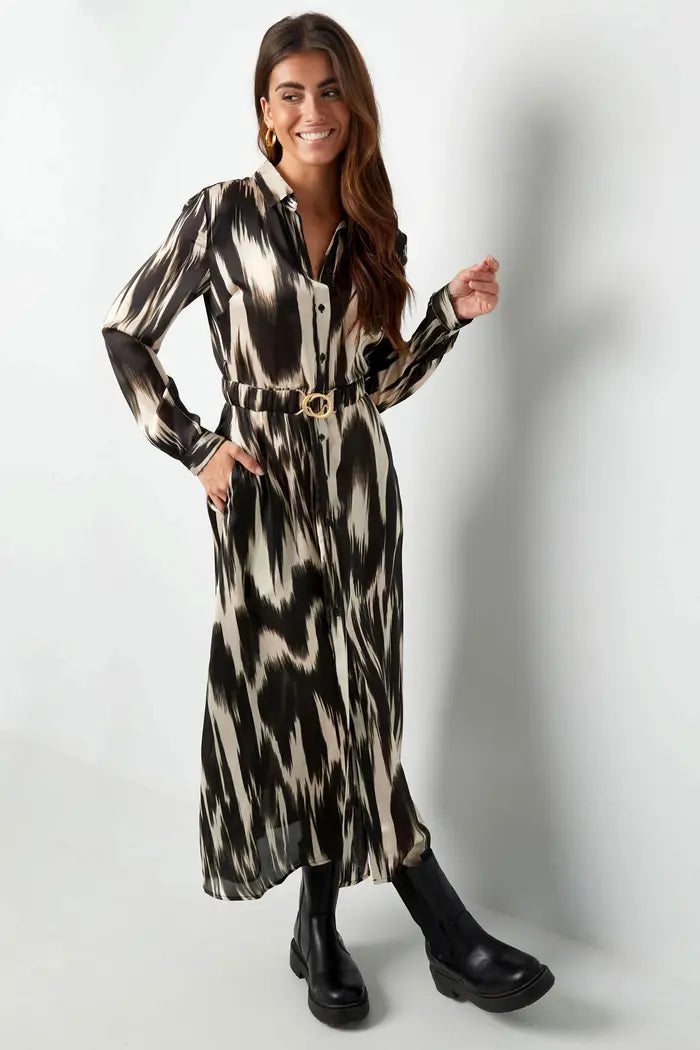 Maxi jurk veeg print - zwart/beige