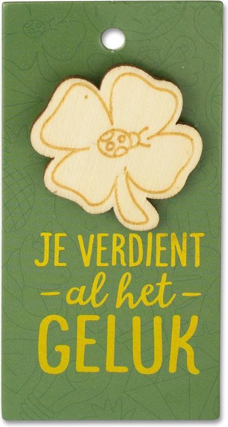 Houten Broche op cadeaukaart - Geluk - klaver vier