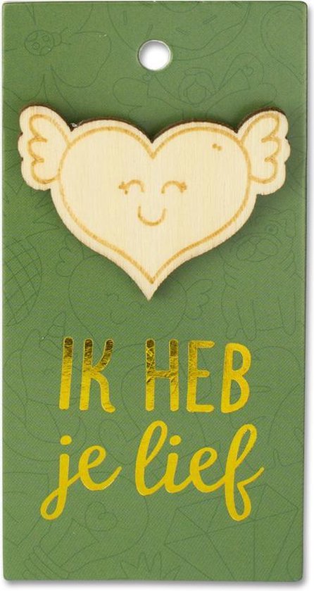 Houten Broche op cadeaukaart - ik heb je lief - hart