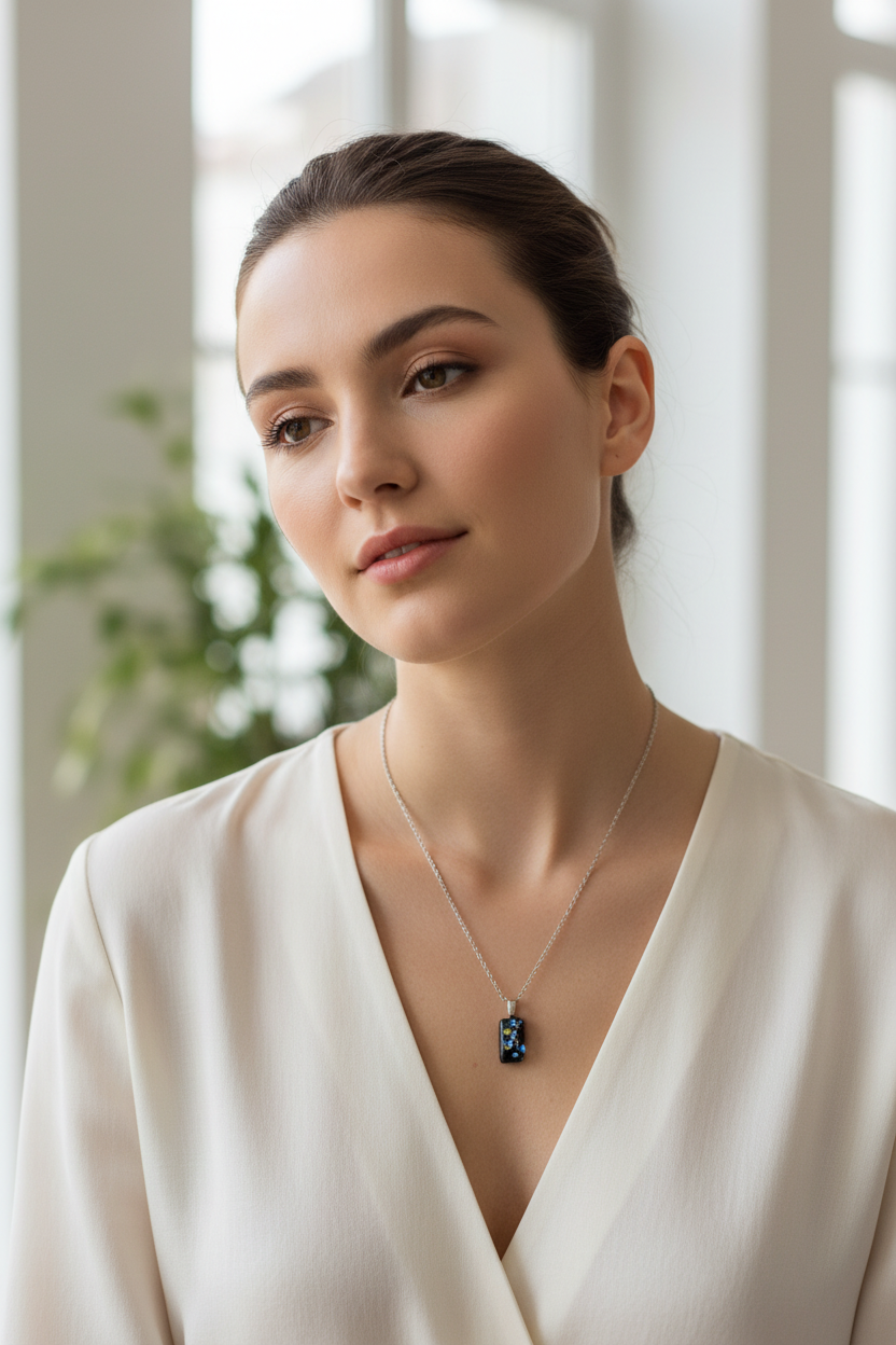 Model draagt Lucy glass pendant necklace - elegante handgemaakte hanger