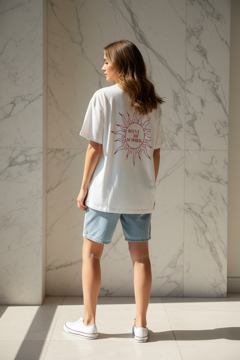 Model toont de achterkant van het witte T-shirt Gimme Scent of Summer met grote rode zonprint