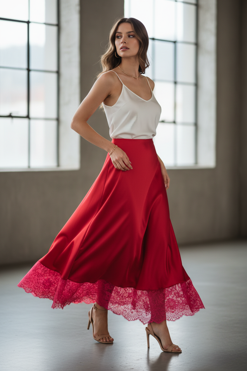 Model draagt Just Woman lange rok - stijlvolle outfit