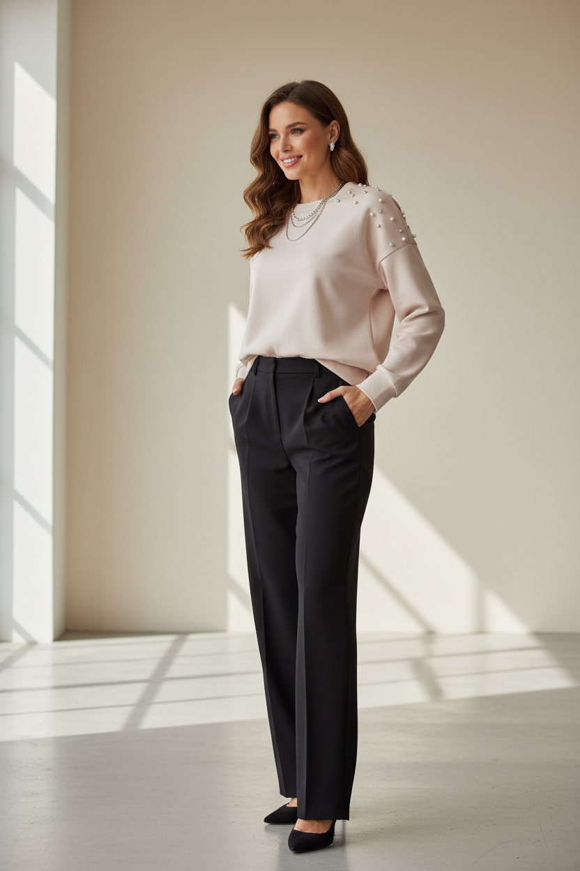 Model draagt Just Woman trui met steentjes - glamoureuze styling