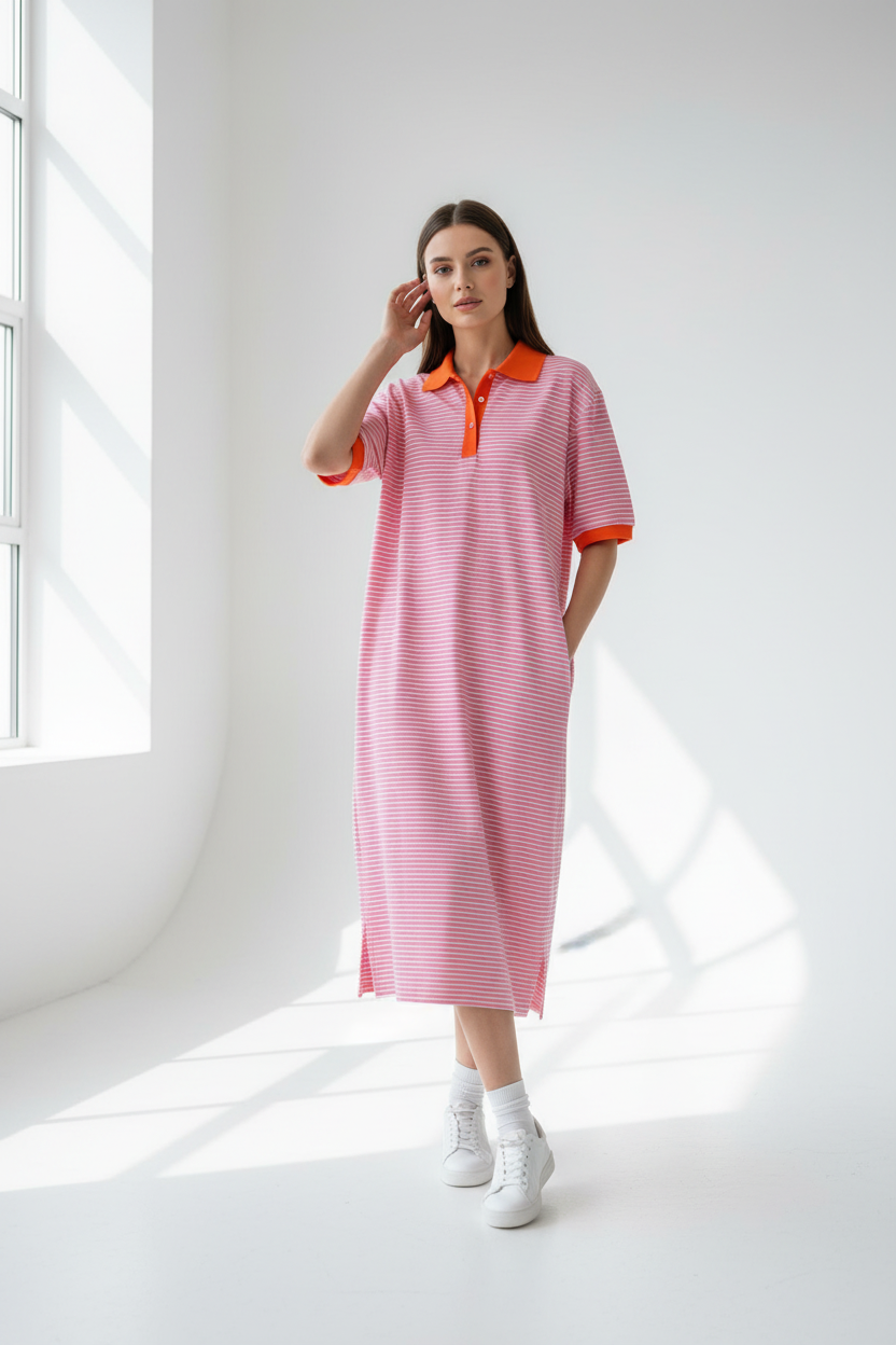 Model in roze gestreept polo midi-kleedje Just Woman met oranje kraag, gestileerd met witte sneakers