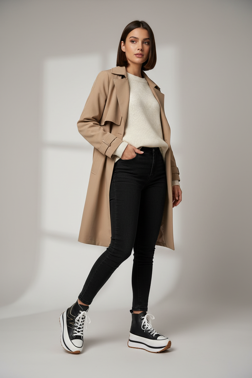 Vrouwelijk model draagt hoge sneakers zwart