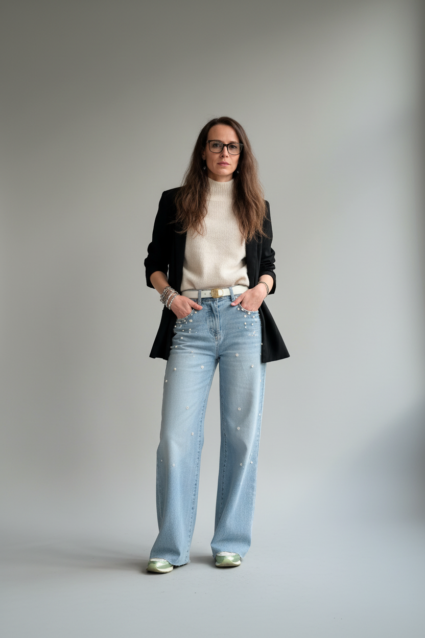 Model in lichtblauwe wide-leg jeans Ad'oro met pareldetails, gestileerd met crème coltrui en zwarte blazer