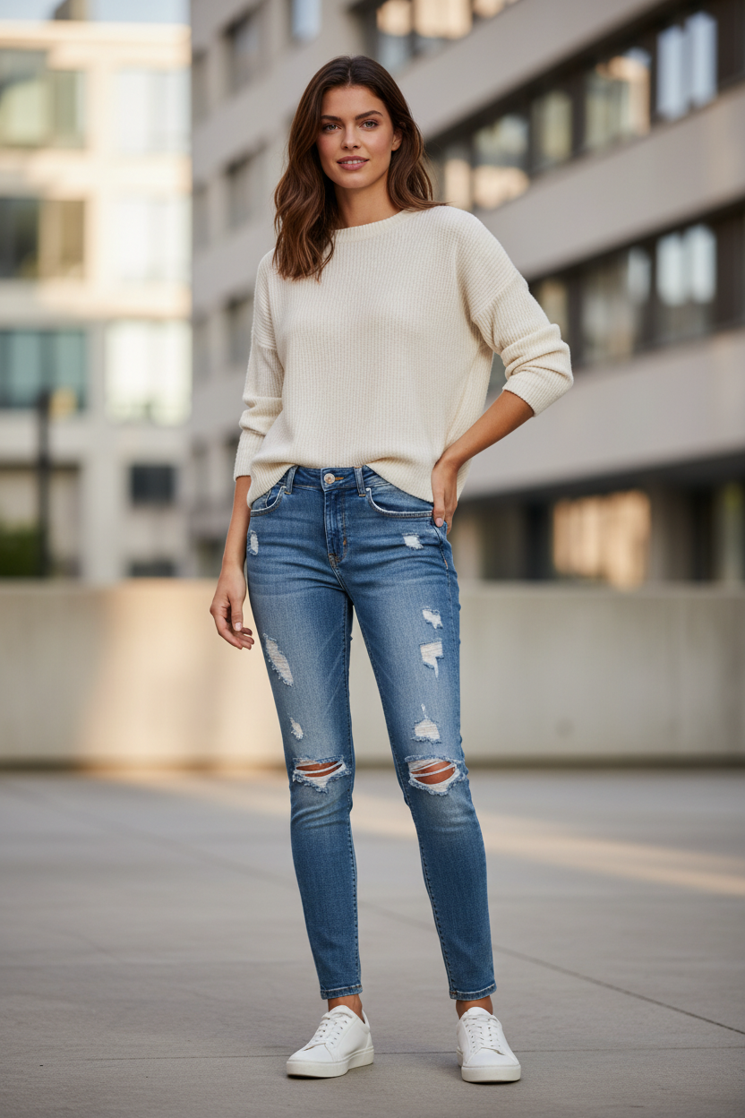 Model draagt Vero Moda slim jeans - casual chique styling