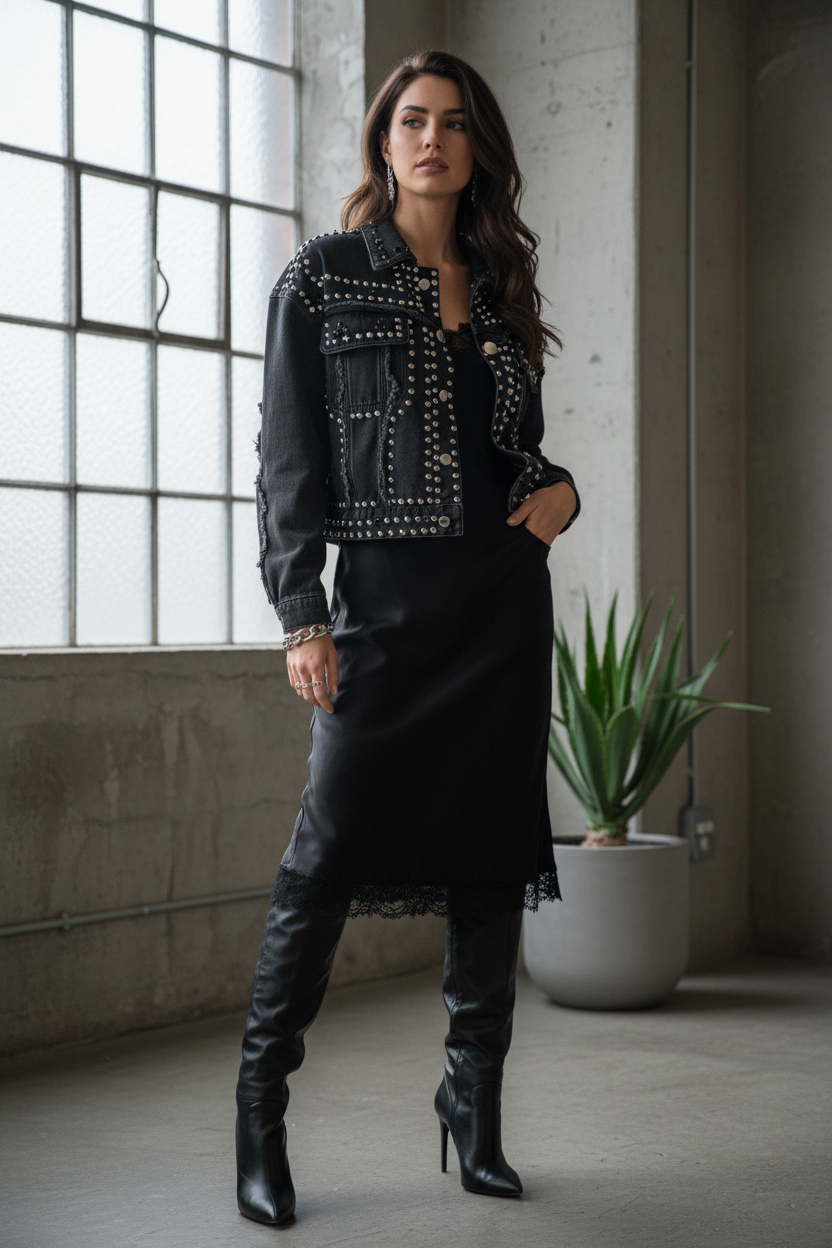 Model draagt studs jacket - detail studs versiering