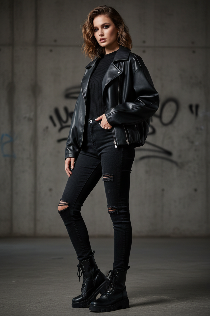 Model draagt Just Woman biker jacket met lange mouwen - rock-chic styling