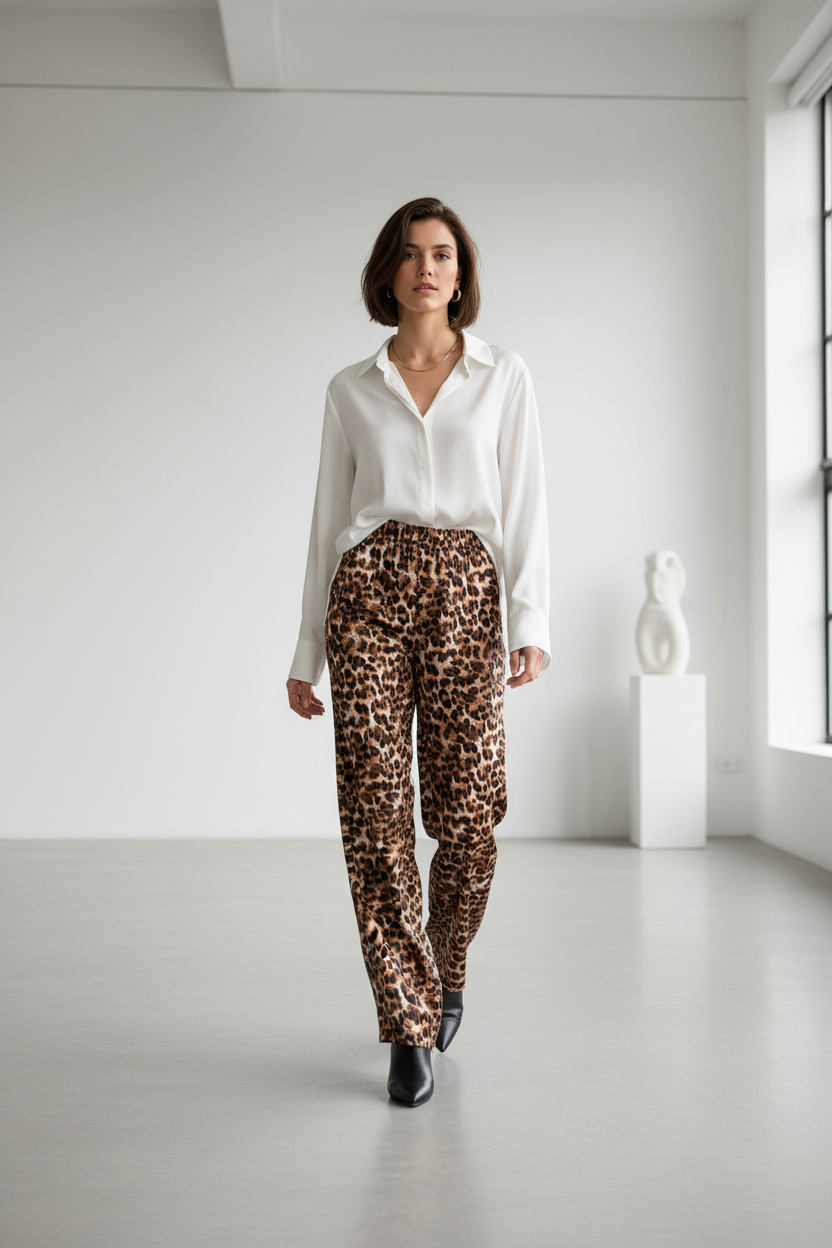 Model draagt leopard print pants bruin - trendy statement look