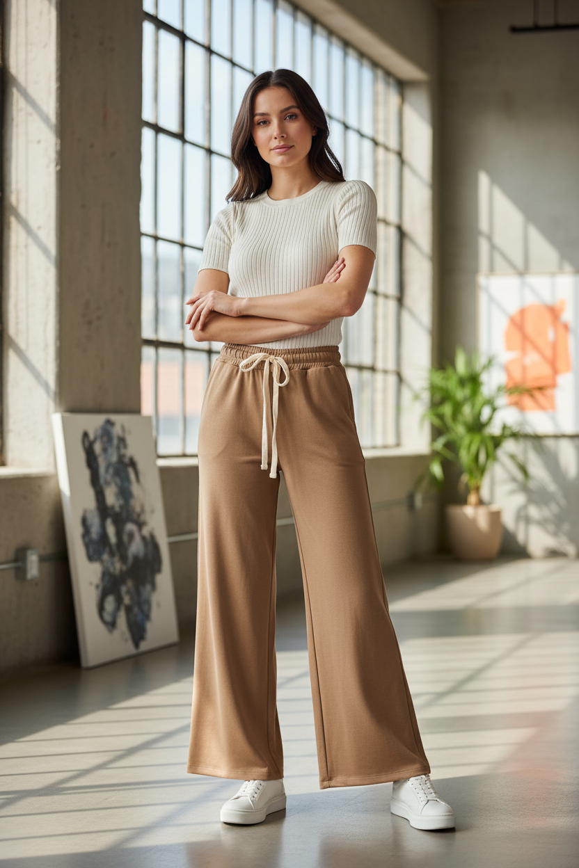 Model draagt Mooij wide-leg broek - moderne styling
