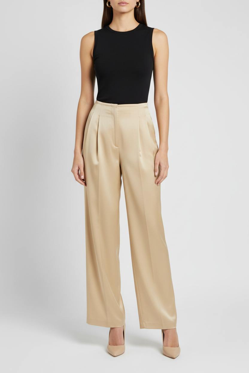 Model draagt classy straight pants gold - elegante catalogusfoto