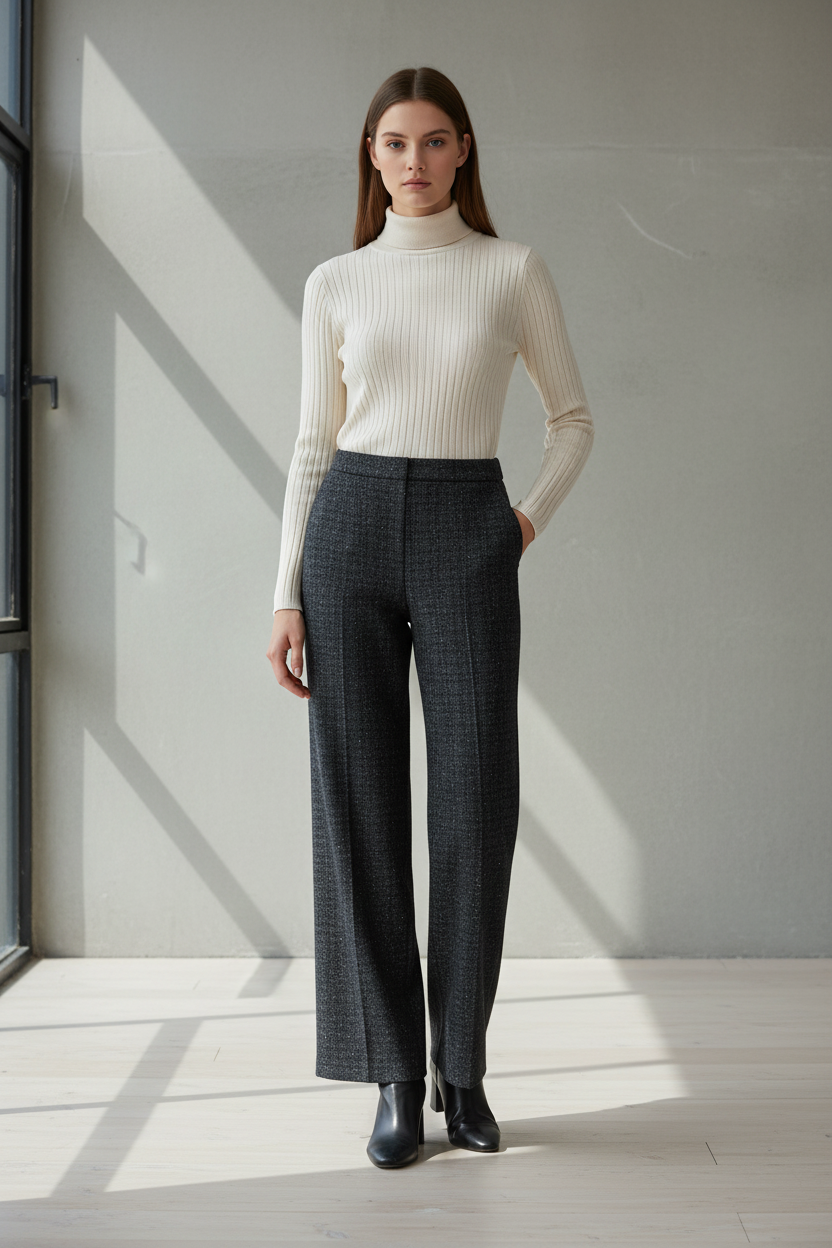 Model draagt elegante geruite straight pants - professionele look