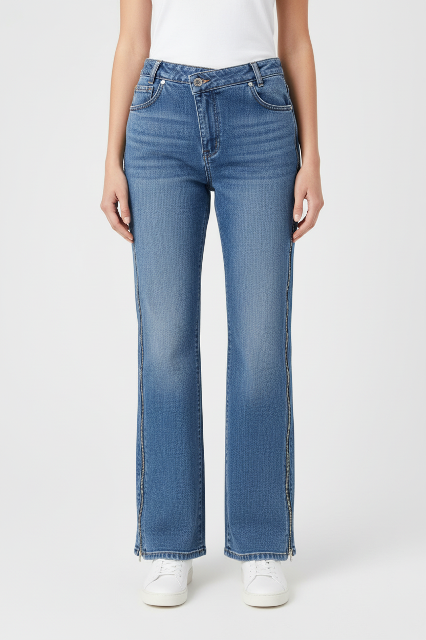 Model draagt denim jeans met zip-up details - realistische catalogusfoto