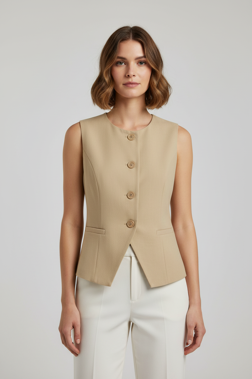 Model draagt Charm top in beige - elegante look