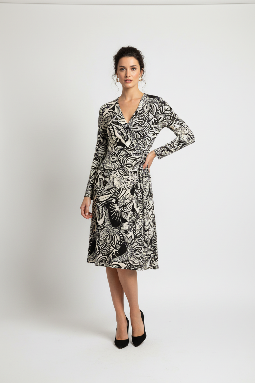 Model draagt &co woman lessy arty leave jurk met bladprint - elegante look