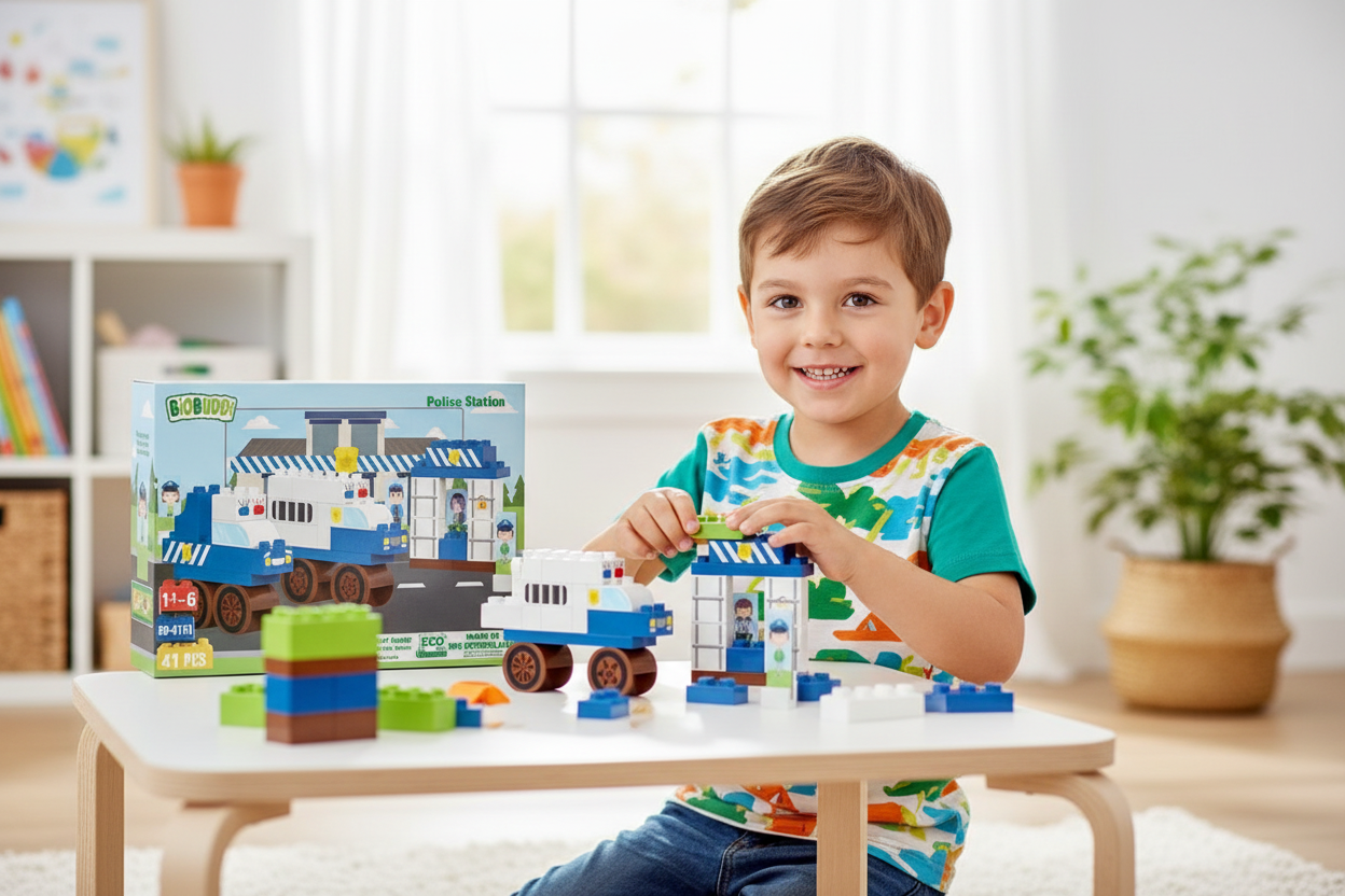 Kind speelt met BioBuddy Town Police Station bouwset