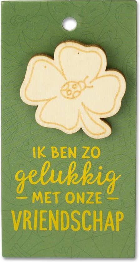 Houten Broche op cadeaukaart - Vriendschap- klaver vier