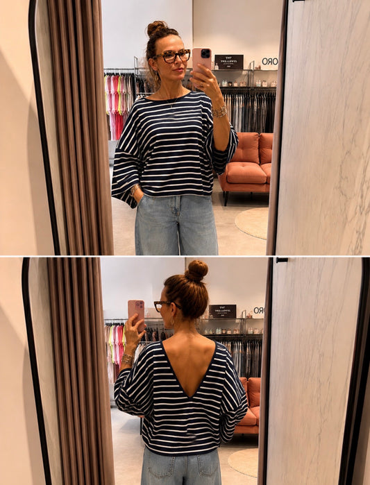 L'essentiel 3/4 Sleeve Flared Top with Deep Backless Sailor Style