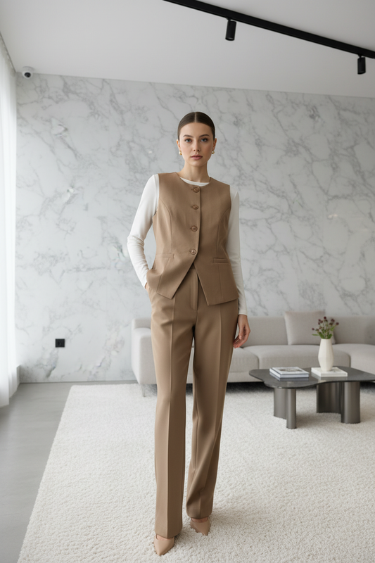 Model draagt de Gilet Gimme — beige camel gilet van Luiumary, gelayerd over een witte top in een premium editorial setting