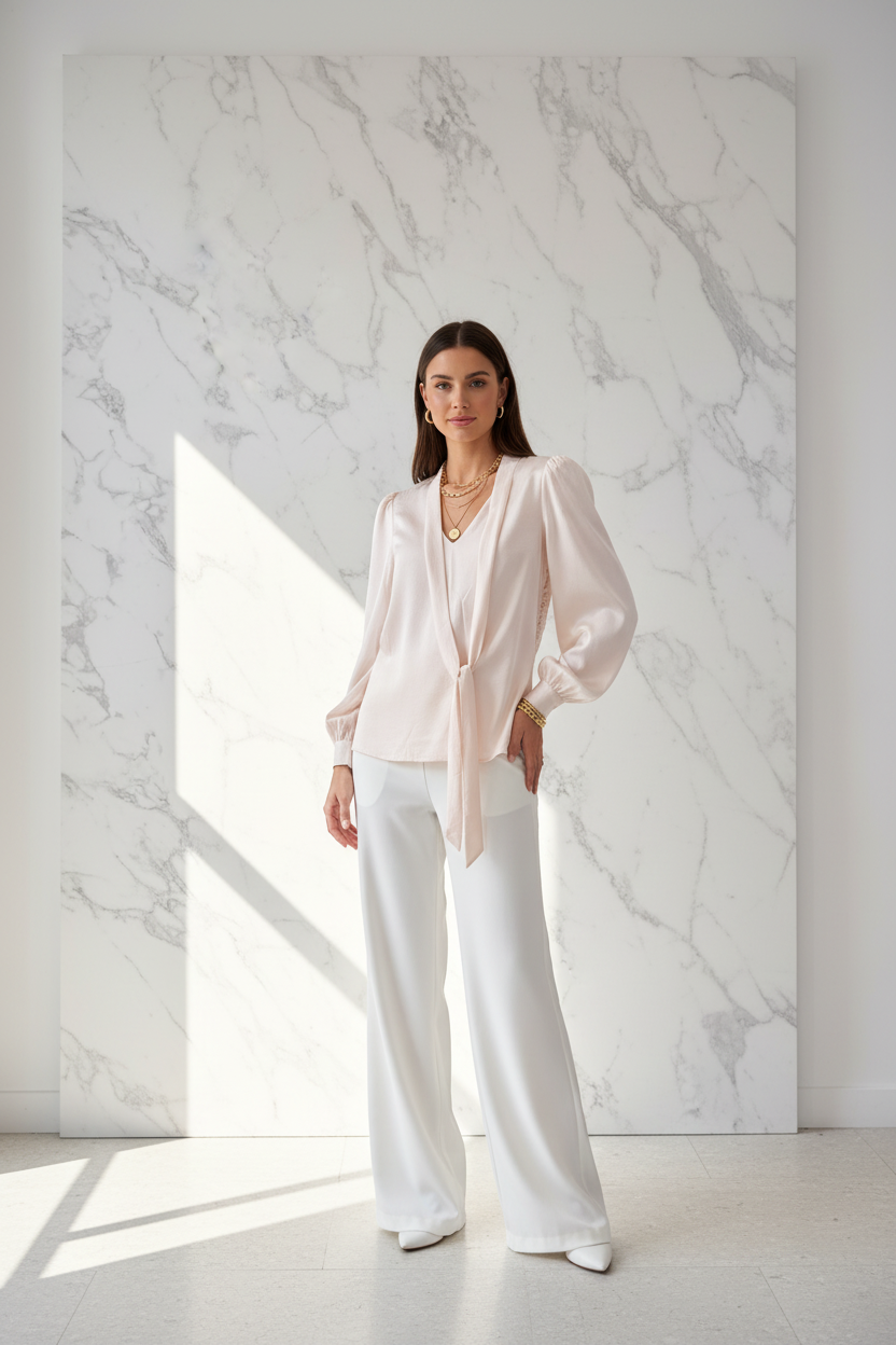 Model in Blouse met Kant Elli White poederroze satijn met open kantrug — editorial stijl
