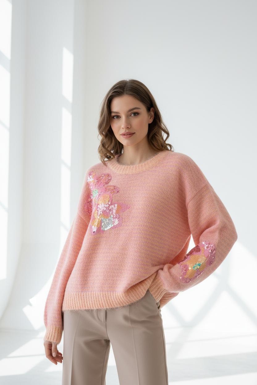 Model draagt roze fluffy trui JS Millenium met kleurrijke pailletten bloemen