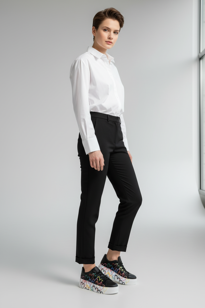 Model draagt hoge sneakers Love