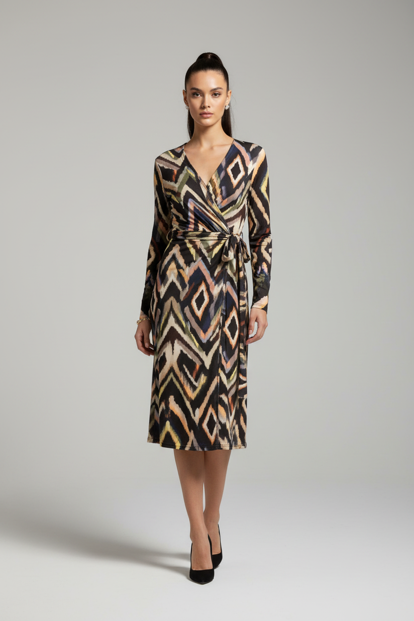 Model draagt &co woman lessy S.diamond jurk met diamantpatroon - elegante look