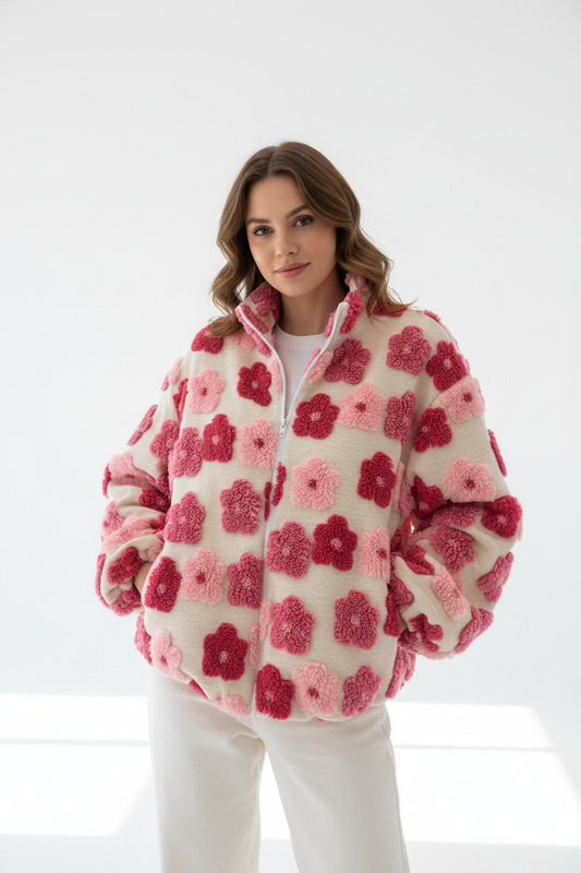 Model draagt gebloemde fluffy vest AMY&CLO met 3D bloemenprint in roze en rood