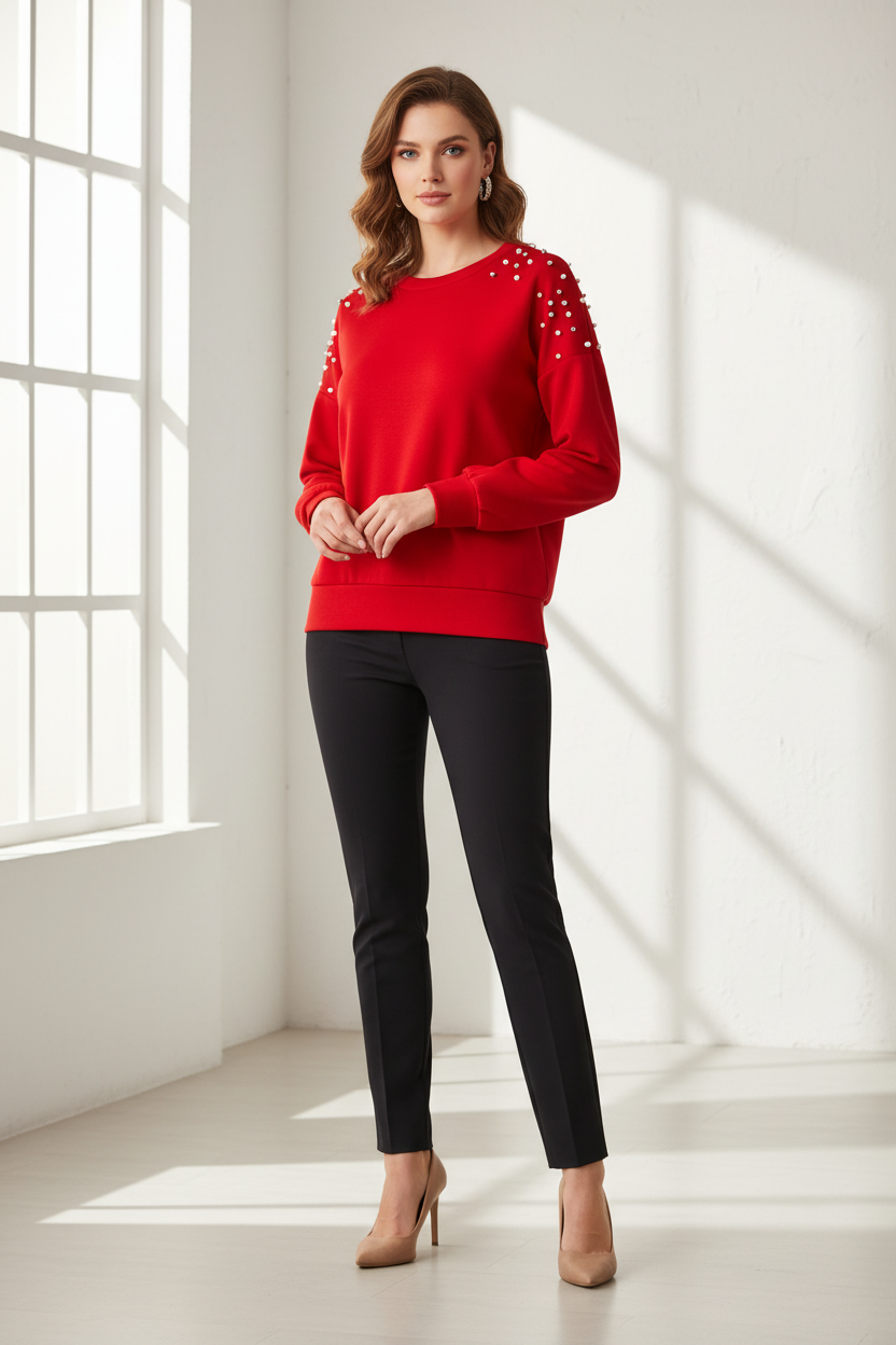 Model draagt Just Woman trui met steentjes - elegante look