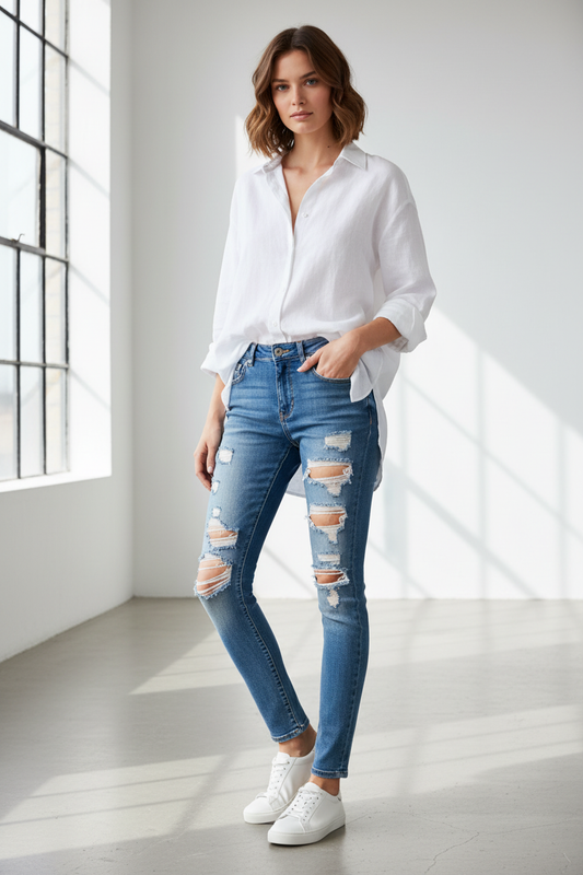 Model draagt Vero Moda Gambler Slim jeans - perfecte slim fit