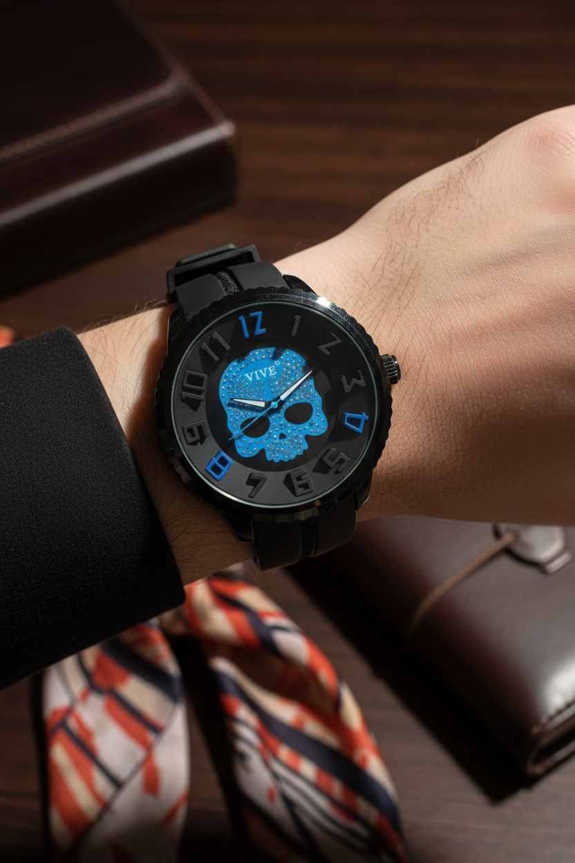 VIVE Skull Horloge - Blauw met Kristallen Skull