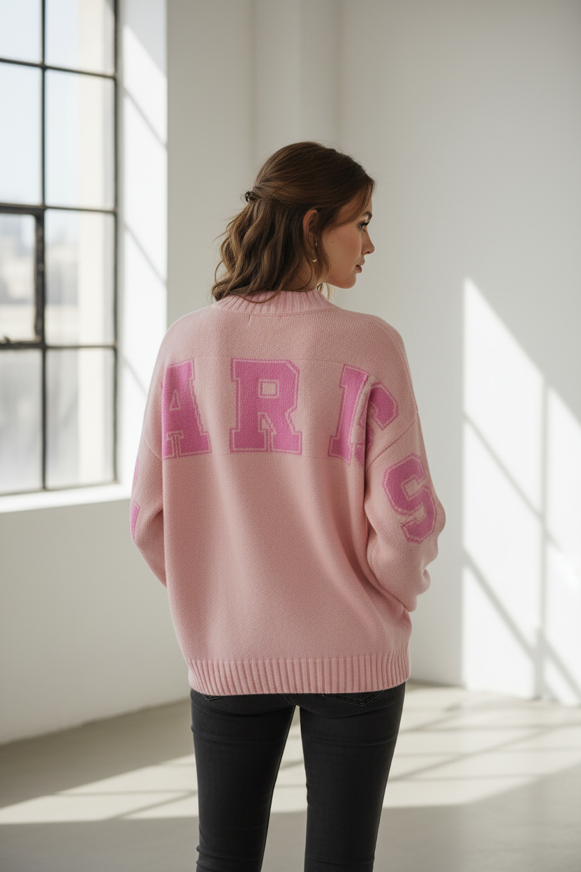 Model draagt Paris trui - rugzijde Paris print