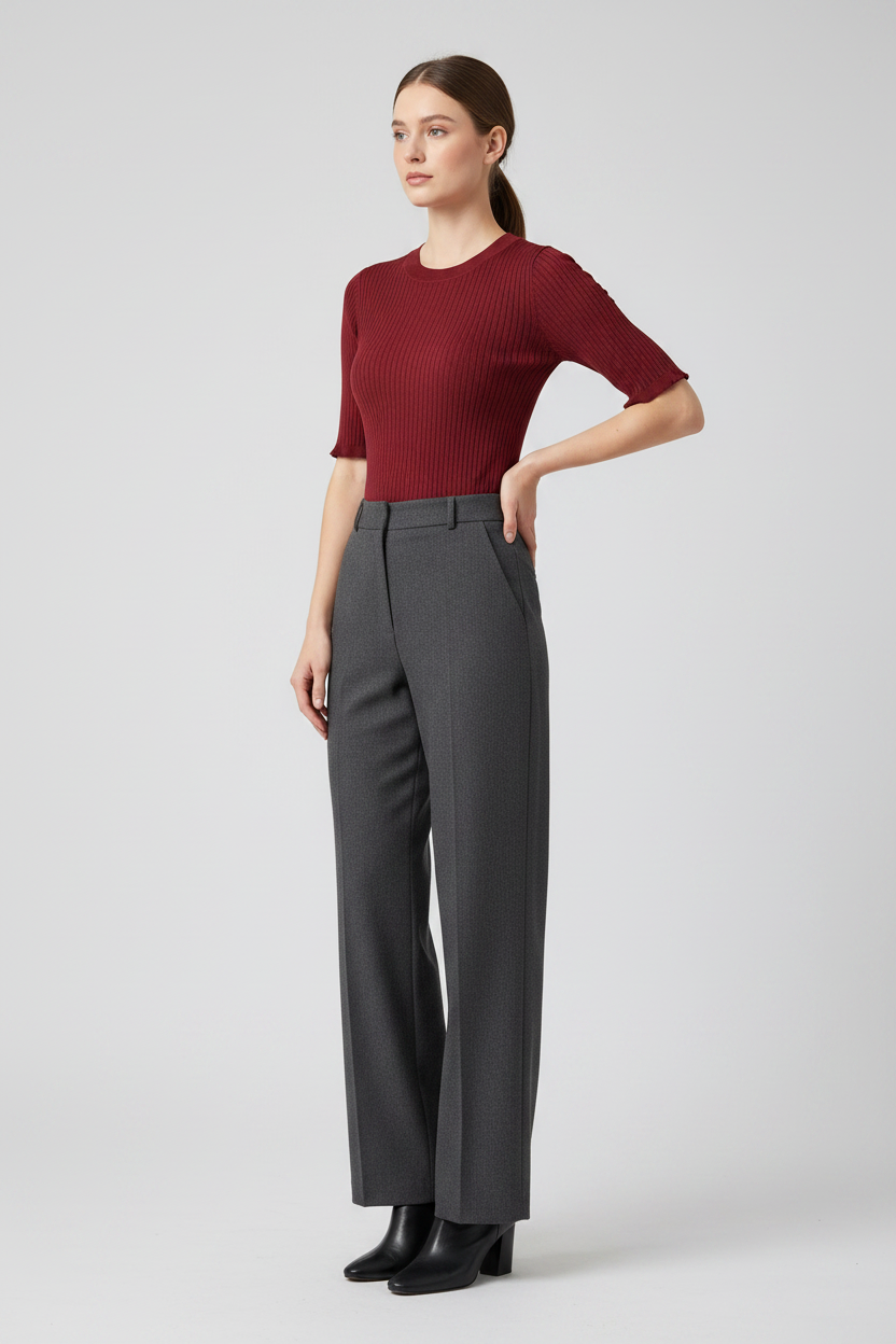 Top C&S bordeauxrood geribbeld met stretch — modelfoto