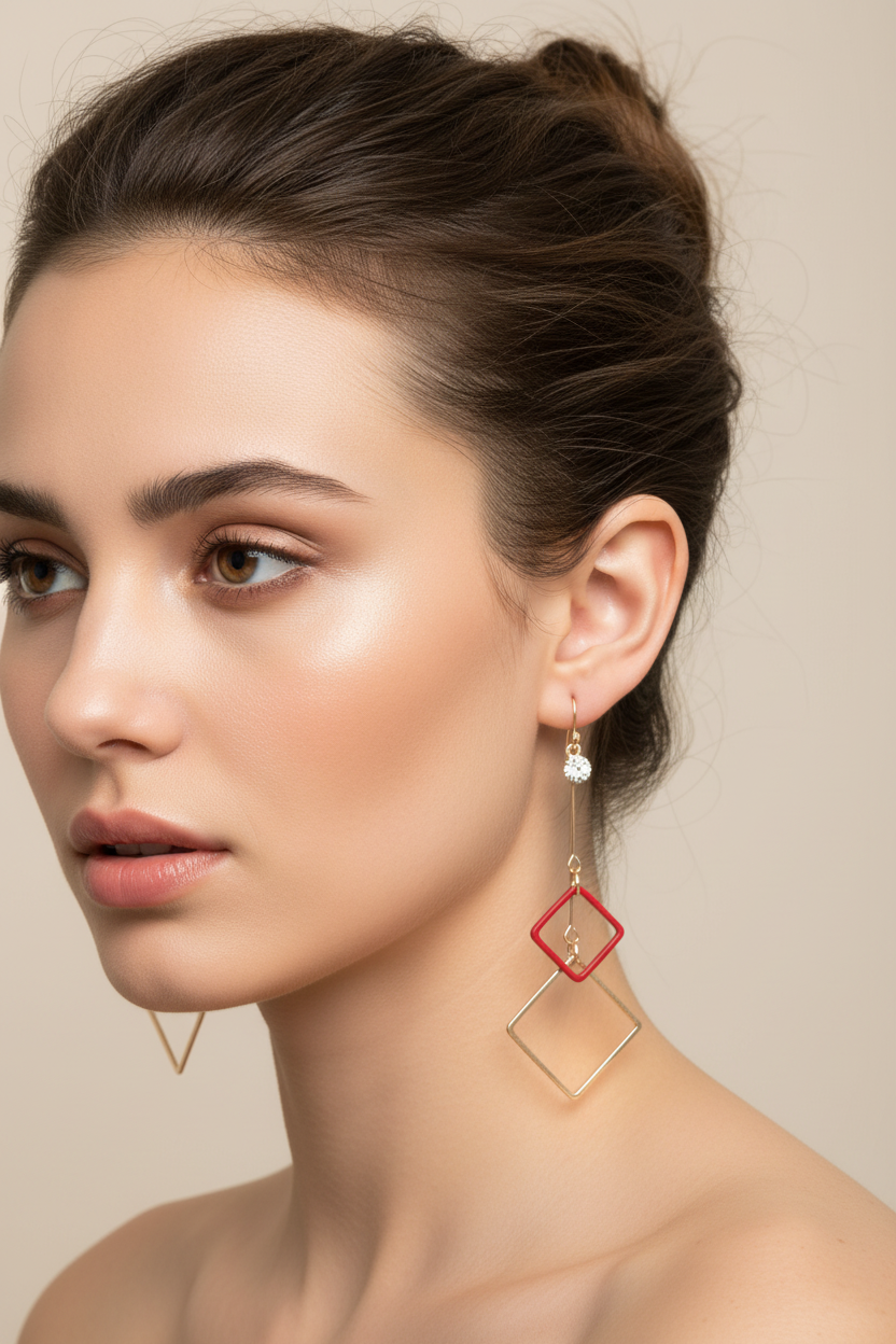 Model draagt vierkante oorbellen met strass