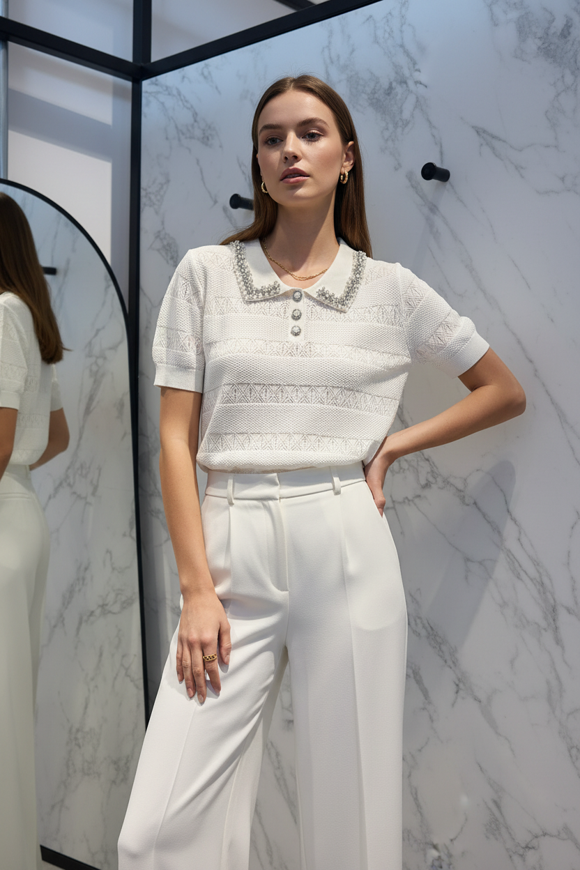 Model in Top Just Woman wit gebreid polo met kristallen kraag — editorial stijl