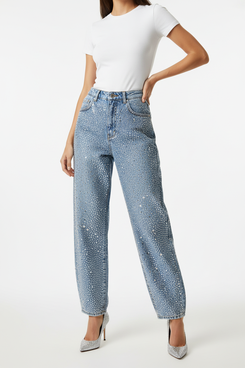Model draagt lichtblauwe glitter balloon pants jeans van Miss Bon met all-over strass patroon