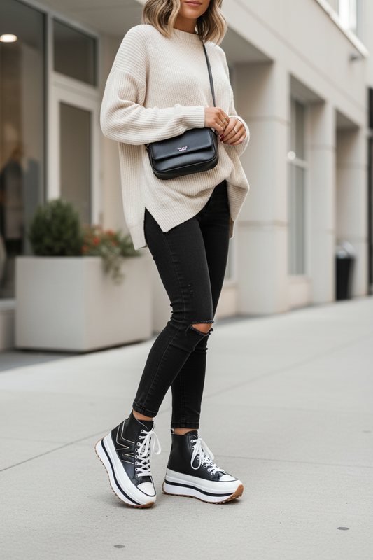 Lifestyle foto vrouw met hoge sneakers