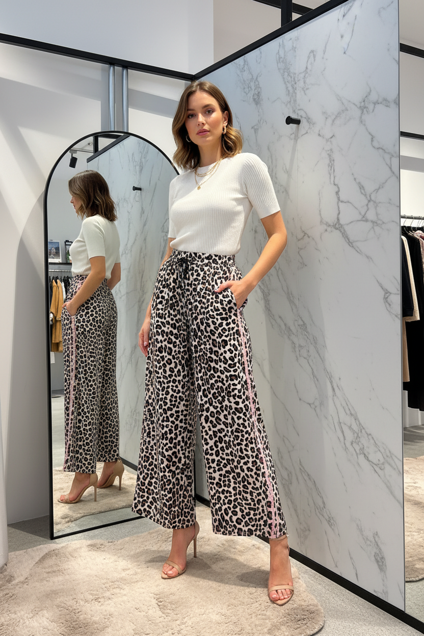 Dame in wide leg luipaardprint broek Amy&Clo met roze streep — editorial modelfoto Amazing Wardrobe