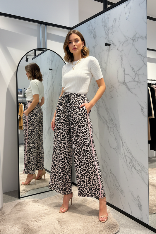 Dame in wide leg luipaardprint broek Amy&Clo met roze streep — editorial modelfoto Amazing Wardrobe