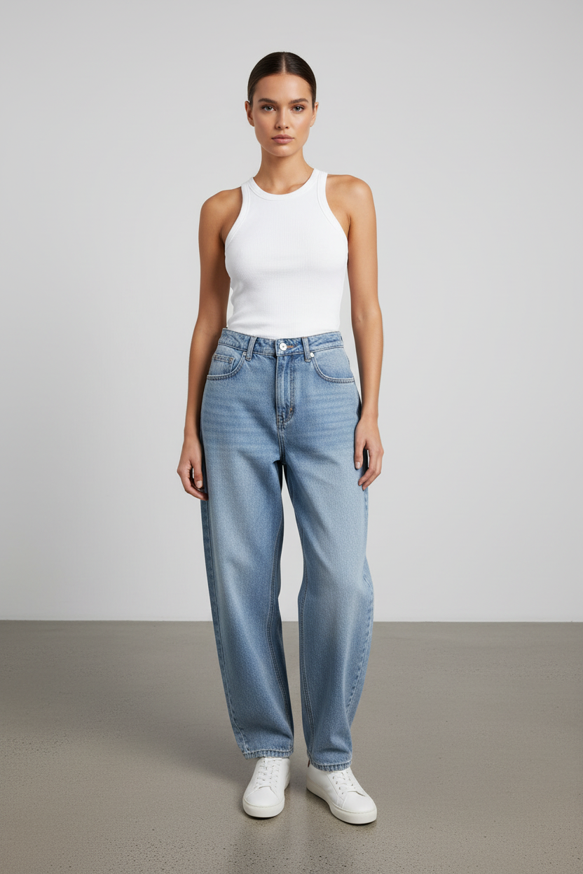 Model draagt lichtblauwe balloon jeans broek Just Woman