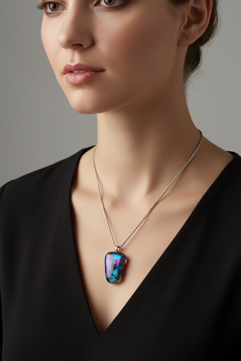 Model draagt Aftherall handgemaakte glazen hanger ketting