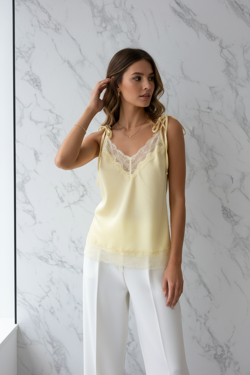Model in Top Just Woman geel satijnen cami met strikjes op de schouders — editorial stijl