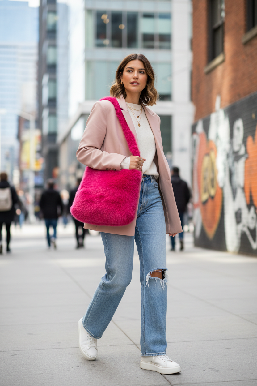 Roze furry handtas lifestyle shot