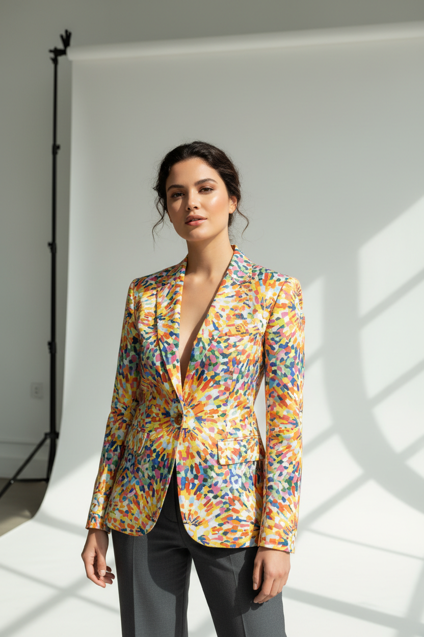 Blazer Show Your Colorful Smile aangedaan bij een model in een minimalistische studio