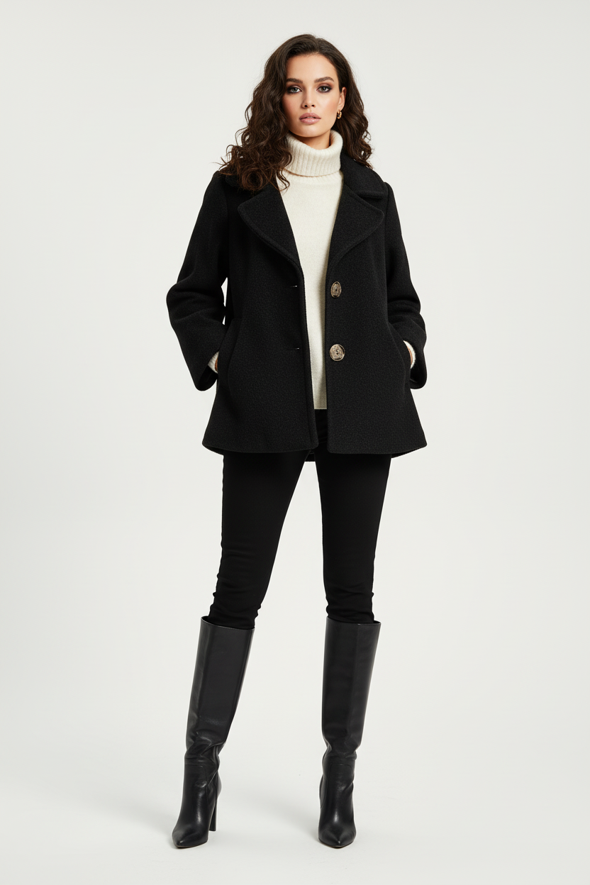 Model draagt Just Woman winterjas - elegante winterlook