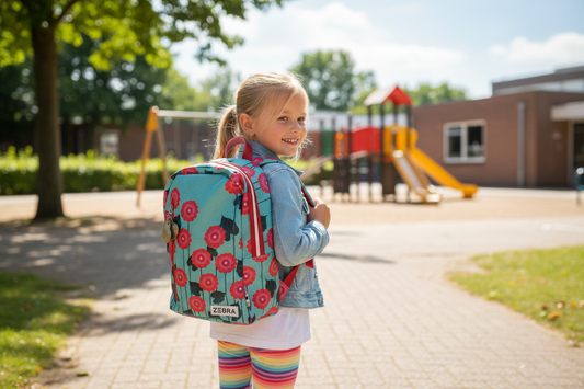 Meisje draagt Zebra girls rugzak met bloemenprint